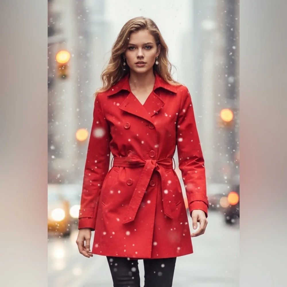DKNY Red Funnel Neck Belted Trench Coat Pea Coat - Picture 1 of 16